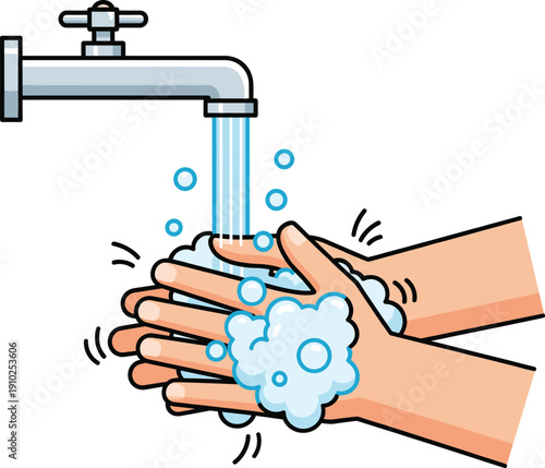 Washing Hands with Soap Suds and Water from Tap Faucet for Personal Hygiene, Virus Prevention, Healthcare Safety, and Cleanliness Education Graphic Design