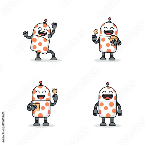 Cartoon marshmallow characters celebrating with food and drinks in various poses