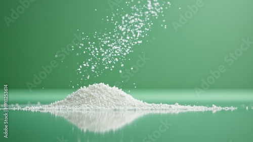 Pristine Powder Cascade: A close-up shot captures the graceful descent of fine white powder, forming a neat pile on a reflective surface against a vibrant green backdrop.