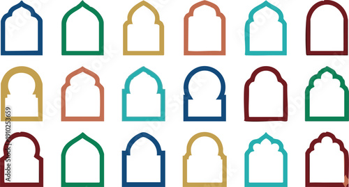 collection of traditional islamic arch shapes in multiple bright and muted color outlines
