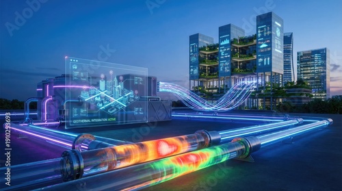 A futuristic heating system using geothermal background concept. Futuristic cityscape with glowing pipelines and modern architecture.