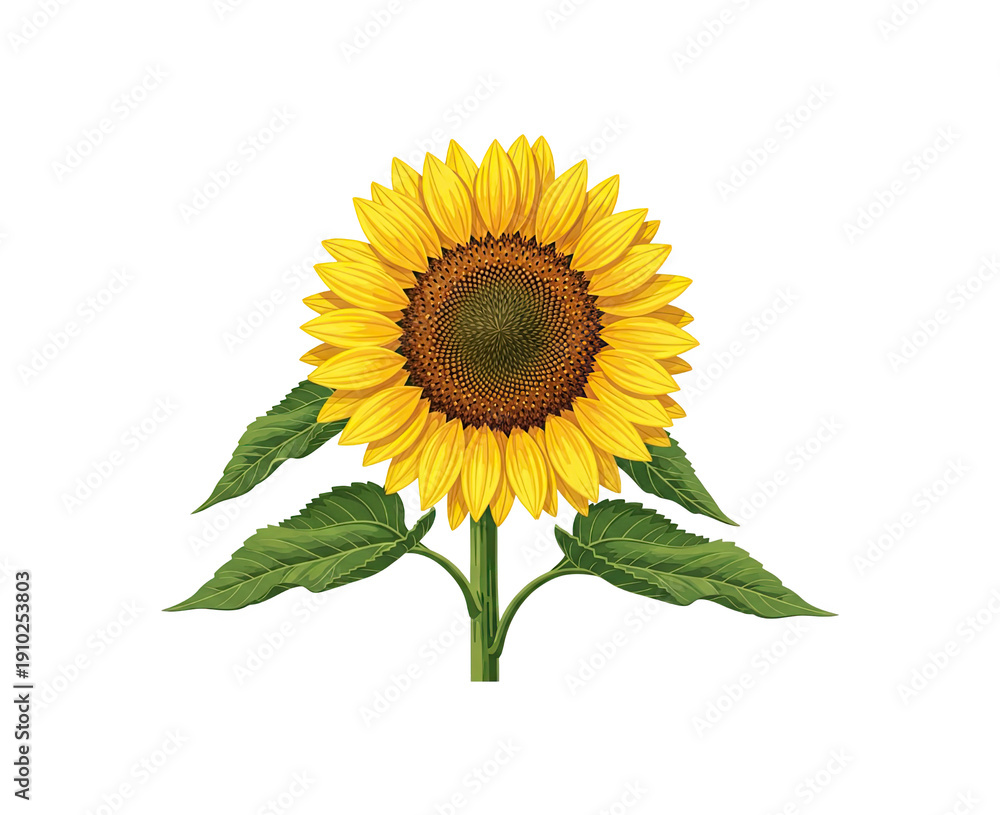Obraz premium Bright yellow sunflower with green leaves stands tall against a dark background, symbolizing summer and happiness