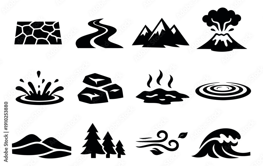 Fototapeta premium Simple silhouette nature elements set featuring mountains, volcano, water, wind, trees, rocks, and earth for environmental concepts