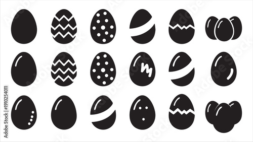 Easter egg icon collection with various decorative patterns and cracked shells