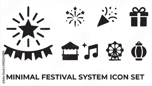 Minimal festival system icon set with outdoor event and celebration symbols