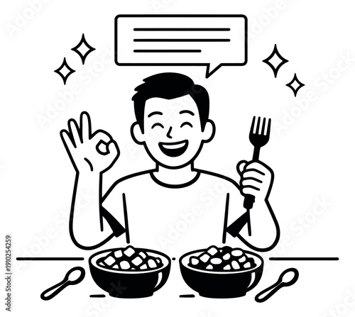 Line art illustration of a man depicting satisfaction with a meal for a food review