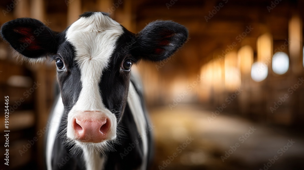 custom made wallpaper toronto digitalA majestic Holstein cow stands gracefully in a well-lit barn, exuding charm and character. The warm wooden surroundings create a captivating contrast with her striking black and white coat