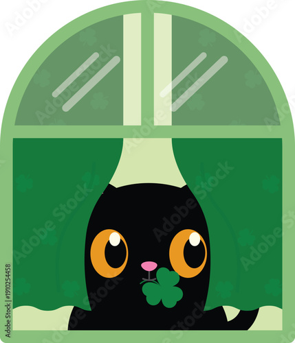 Cute Black Cat With Clover Through Window