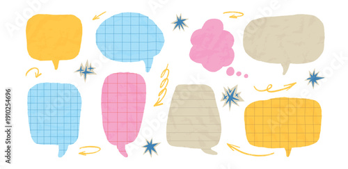 Colorful funky crumpled paper chat bubbles with irregular torns. Textured speech balloon stickers for comic dialogue, notebook collage, and creative messaging. Vector kids school journaling cutouts.