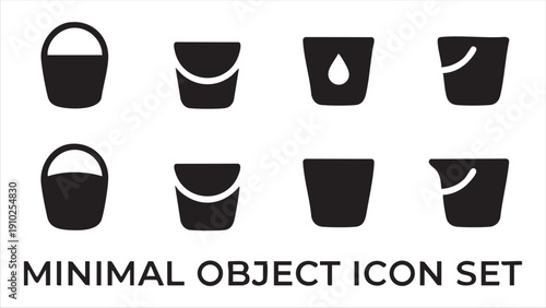 Minimal object icon set including buckets and containers with simple shapes