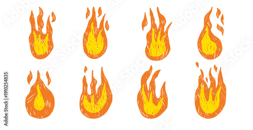 Funky scribble crayon fire illustrations set. Doodle brush flame icons in vibrant colors. Bonfire stickers for collage projects. Vector naive pencil punk rock element no background.