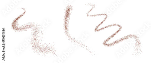 Coffee dust fly stroke shapes set. Grainy texture splash wavy long elements. Splash dotwork seed forms. Vector gritty wavy lines. Grunge food figures.
