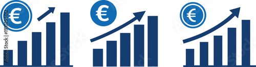 Financial growth graph and euro currency success icon set, business profit increase and economy progress symbol, market analysis chart vector illustration with editable stroke.
