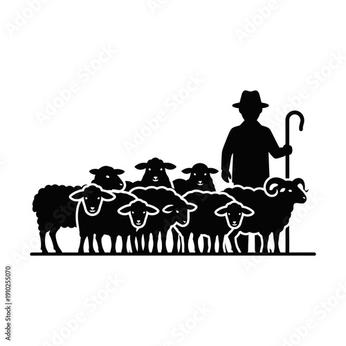 Shepherd Standing with Sheep Silhouette Illustration.