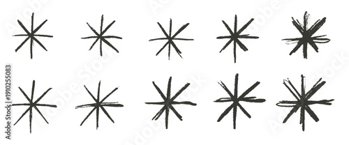 Doodle asterisk icon sign. Hand drawn sketch snowflakes set. Abstract black graphite pencil drawn stars collection. Uneven ink brush stroke snow flakes. Twinkle markers symbols. Vector illustration.