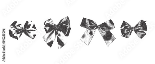 Photocopy stipple texture vintage y2k bows. Whimsical ribbon threshold collage effect. Gritty stippling black grunge girly or holiday bowknot elements. Vector retro coquette shapes isolated on white.