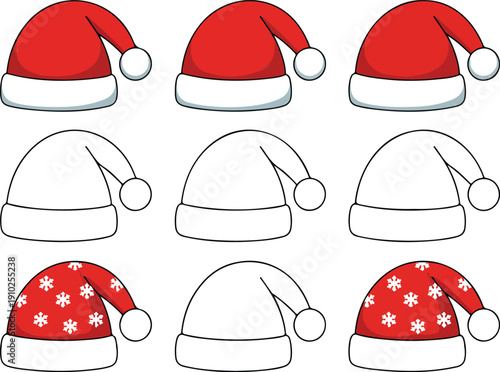 A set of 9 Santa hats arranged in a 3x3 grid. The top row shows three solid red Santa hats with light blue brims and white pom-poms.