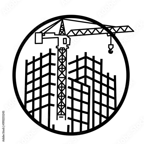 Urban development and construction site concept with a towering crane overseeing the structural build of modern city buildings, symbolizing growth and progress