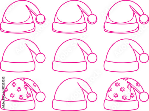 A set of 9 Santa hats arranged in a 3x3 grid. The top row shows three solid red Santa hats with light blue brims and white pom-poms.