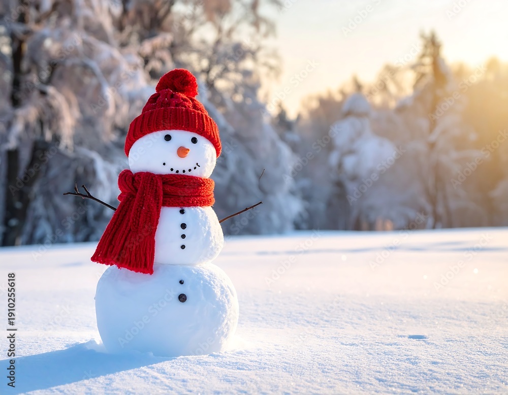 Fototapeta premium Snowman in a snowy forest at sunrise
