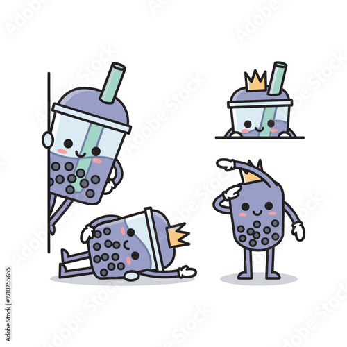 Cartoon bubble tea characters having fun and wearing accessories