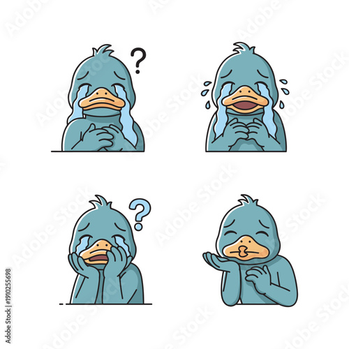 Cartoon blue bird expressing confusion and thinking with question marks