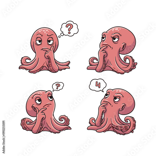 Confused octopuses with puzzled expressions and thought bubbles on white background