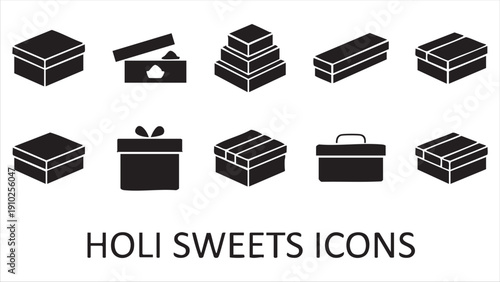 Holi sweets icons presenting various box shapes and gift packaging silhouettes for confectionery
