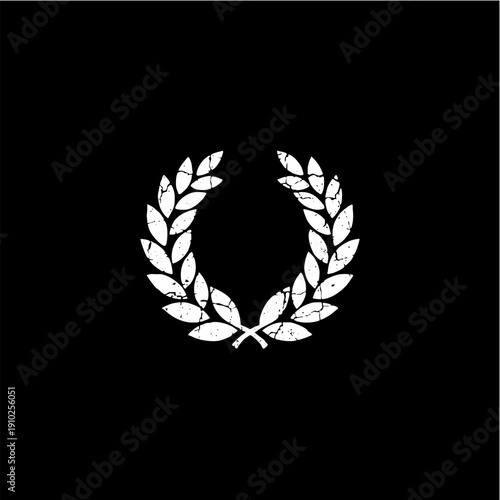 Distressed White Laurel Wreath Symbol on Black Background