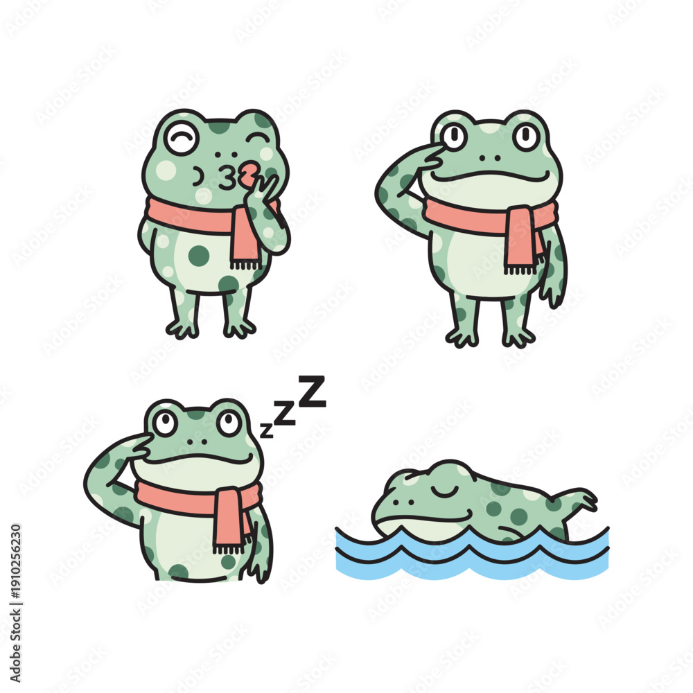 Obraz premium Cartoon frog sleeping with scarf in various poses on white background