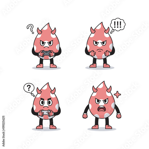 Cartoon devil character showing different emotions with speech bubbles on white background