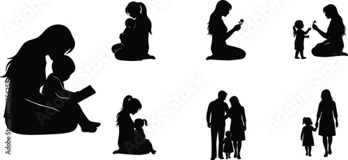 A collection of black silhouette illustrations depicting various family moments and mother-child relationships