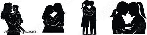 Collection of black silhouettes illustrating various forms of affection and human connection