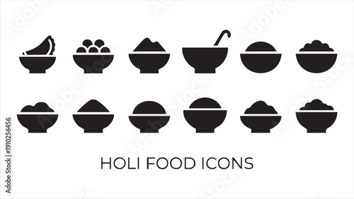 Holi food icons bowls ingredients Indian festival celebration spices grains dishes flat silhouette