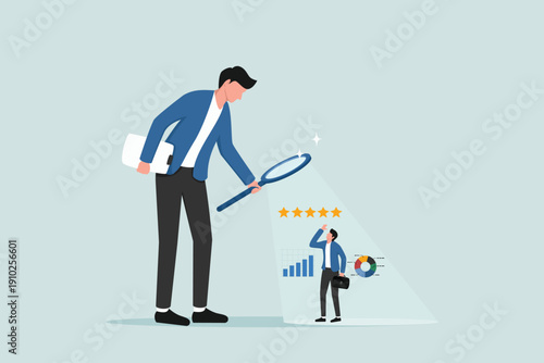 Employee performance evaluation, appraisal or annual review for goals achievement, assessment for rating or feedback concept, businessman manager use magnifier to analyze employee with 5 stars rating.