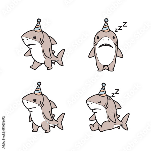 Cute cartoon sharks sleeping with party hats on a white background