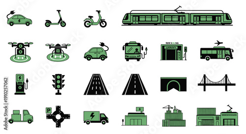 This detailed transportation and urban mobility icon set illustrates modern city traffic systems including buses, scooters, cars, roads, traffic lights, and public transit infrastructure. The collecti