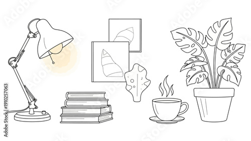 This hand-drawn kitchen and lifestyle doodle illustration features books, coffee cups, plants, home decor, and cozy interior elements. It represents creativity, daily routine, reading culture, and rel