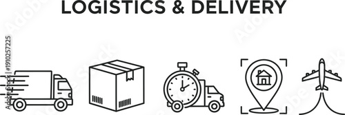Logistics and delivery icon set featuring shipping truck, cargo package, express delivery timer, GPS location tracking pin, and airplane for air freight and supply chain business.