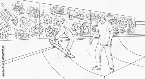 Coloring page for kids - Dad teaches his son a skateboarding trick, protecting him from falling