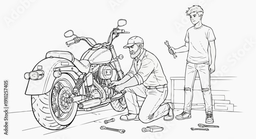 Coloring page for children - Detailed image of a grandfather and grandson repairing a motorcycle together
