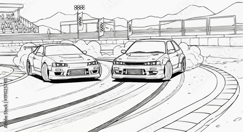 Coloring page for children - A dynamic image of two cars drifting on a race track with smoke trails