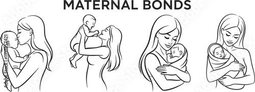 Motherhood and Maternal Bonds Line Art Vector Set, Minimalist Mother and Baby Icons for Parenting, Childcare, and Family Love, Isolated Black and White Illustrations for Logo and Web Design