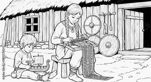 Coloring page for children - A Viking girl diligently weaving a ribbon with a bright pattern, while a boy plays with a toy ship