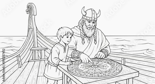 Coloring page for children featuring a Viking and a boy studying a navigation map on a ship