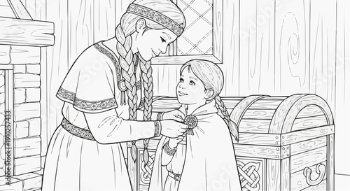 Coloring page for children - a picture of a Viking woman putting a brooch on a girl's cloak in a cozy cabin setting