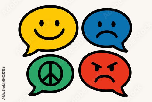 Colorful speech bubbles expressing different emotions and symbols for communication.