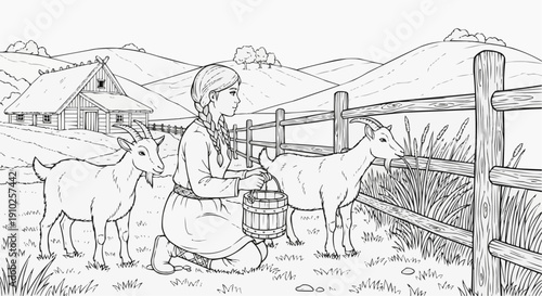 Coloring page for children - A Viking girl is feeding two goats by a fence on her farm