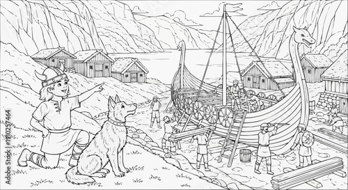 Coloring page for children - Detailed image of a Viking village with a ship being built and children playing with a dog