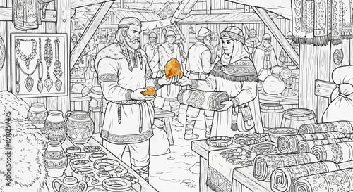 Coloring page for children - In a bustling market in a Viking settlement, a man is selling a beautiful amber piece